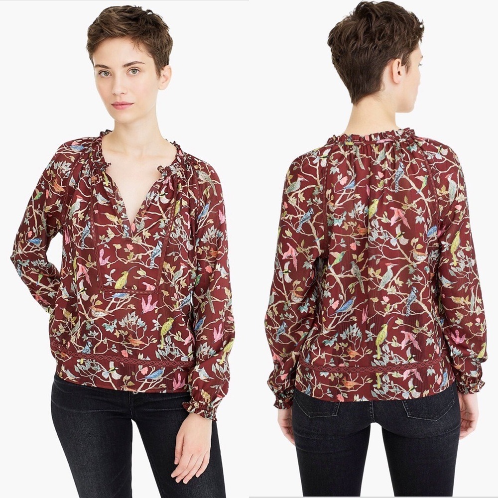 J Crew Point Sur Burgundy Long Sleeve Floral Blouse